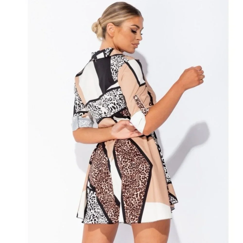 Leopard Print Abstract Print Long Roll Tab Sleeve Loose Fit Mini Shirt Dress - Picture 3 of 9